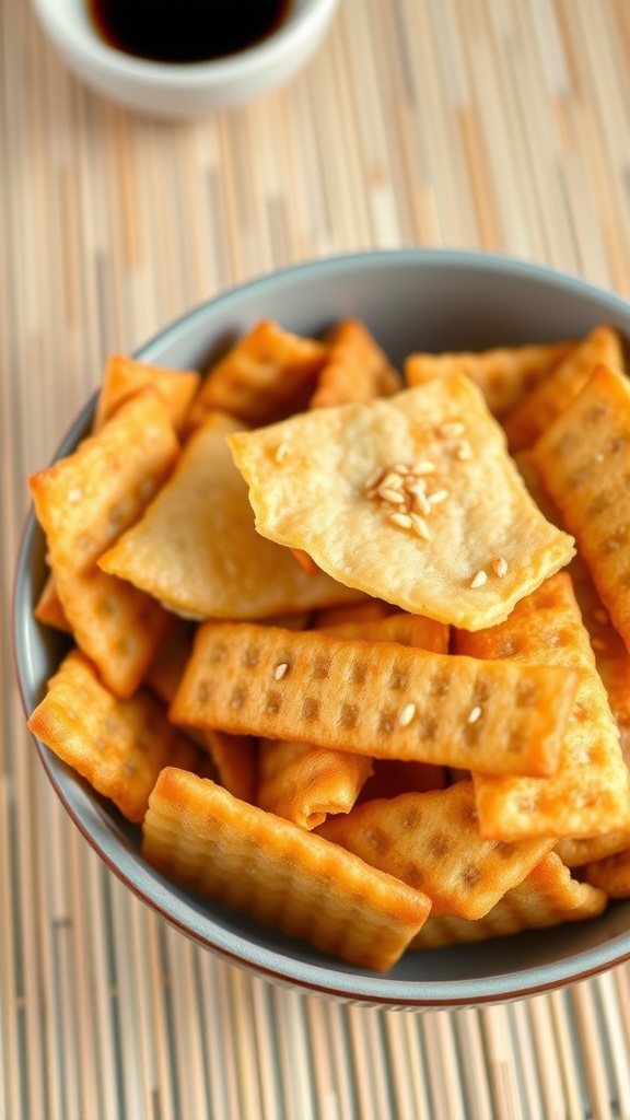 A bowl of golden-brown Japanese rice crackers with sesame seeds and soy sauce on a bamboo mat.